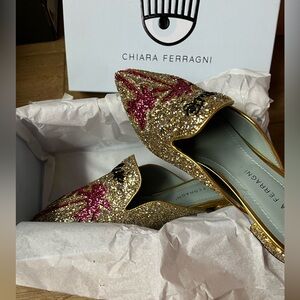Chiara Ferragni Gold and Pink Glitter Loafers 38